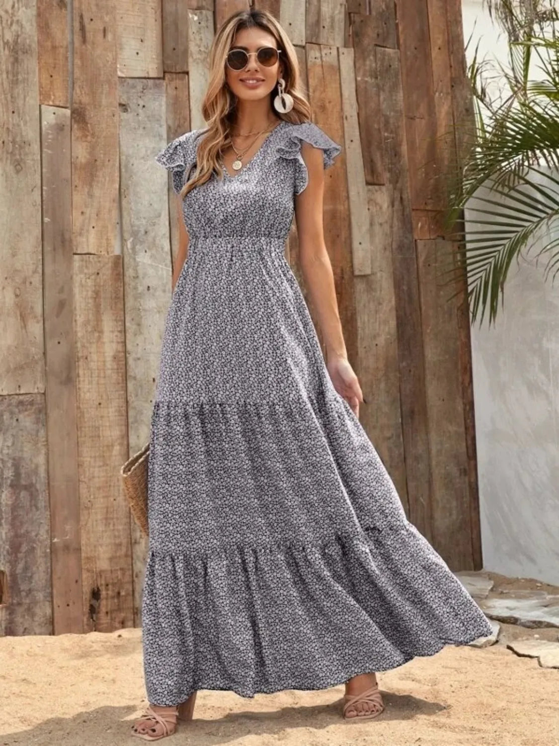Ruffled Cap Sleeve V-Neck Maxi Dress