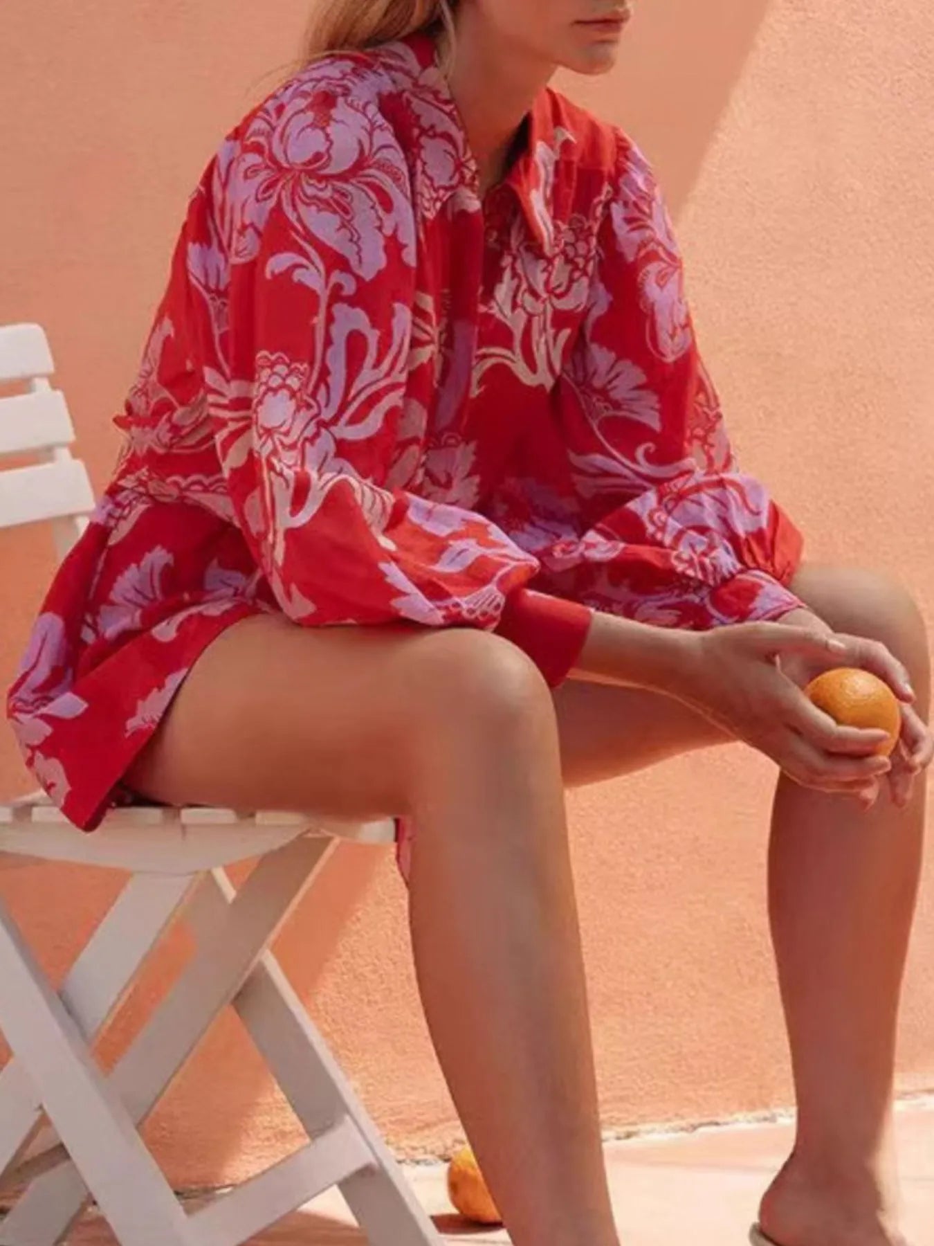 Printed Long Sleeve Belted Romper in Red