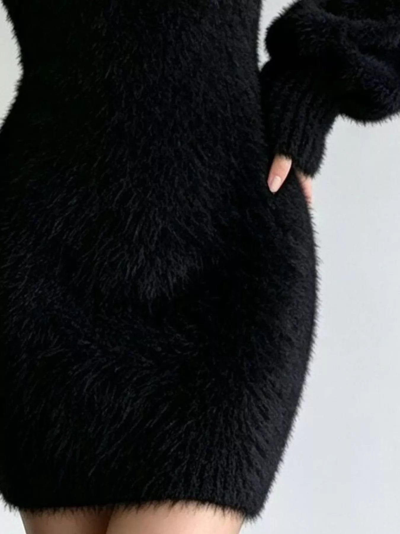 Fuzzy Knit V-Neck Sweater Dress