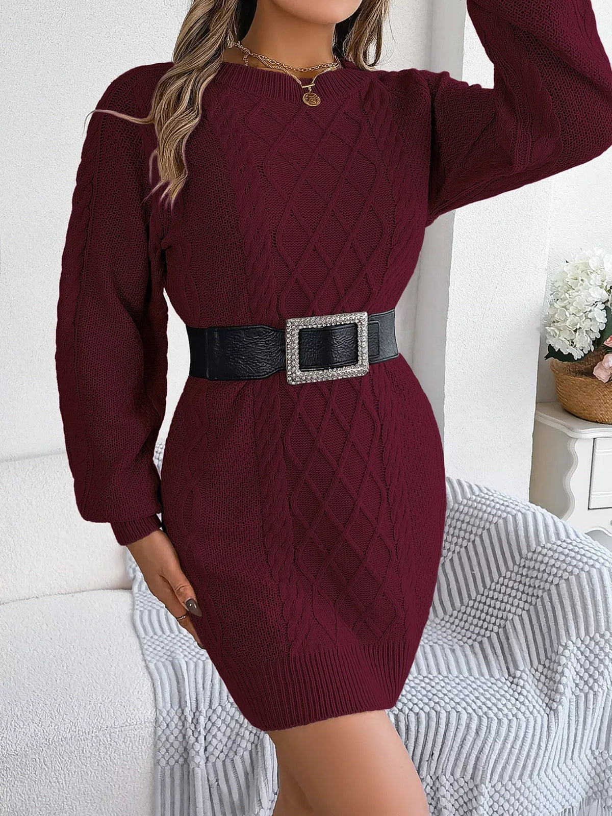 Diamond Cable-Knit Sweater Dress