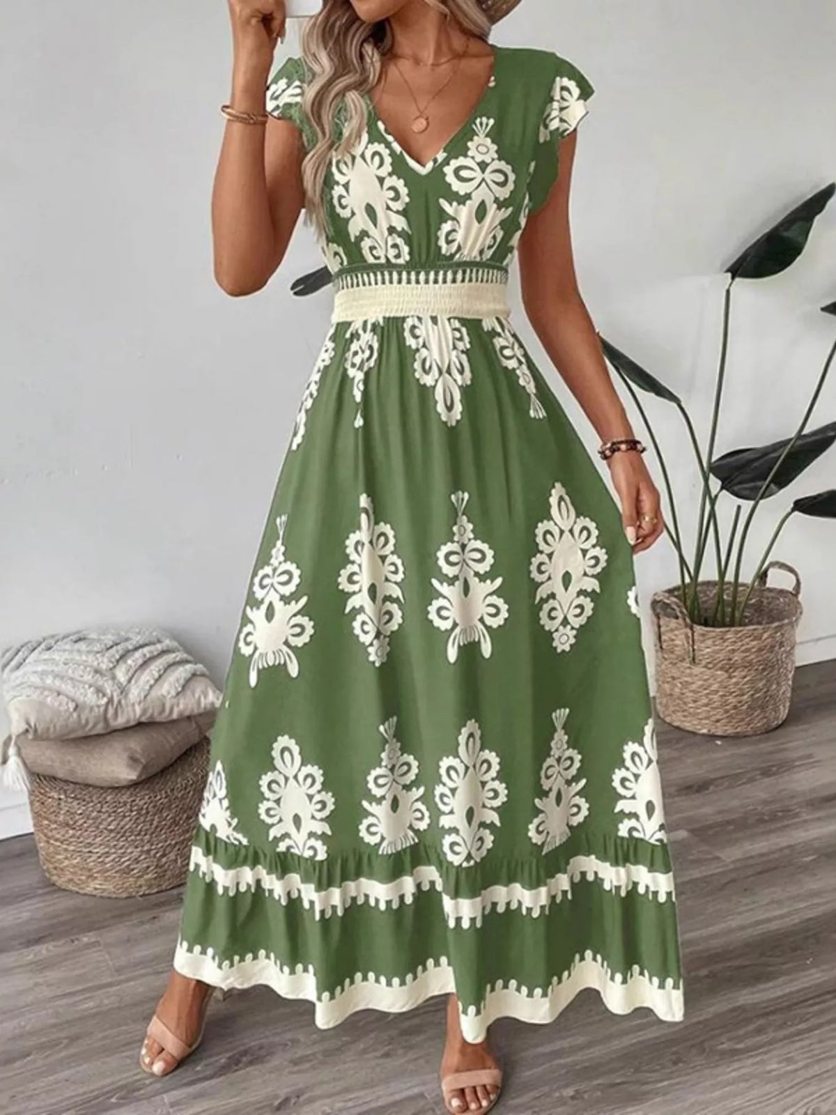 Ruffled Printed V-Neck Maxi Dress