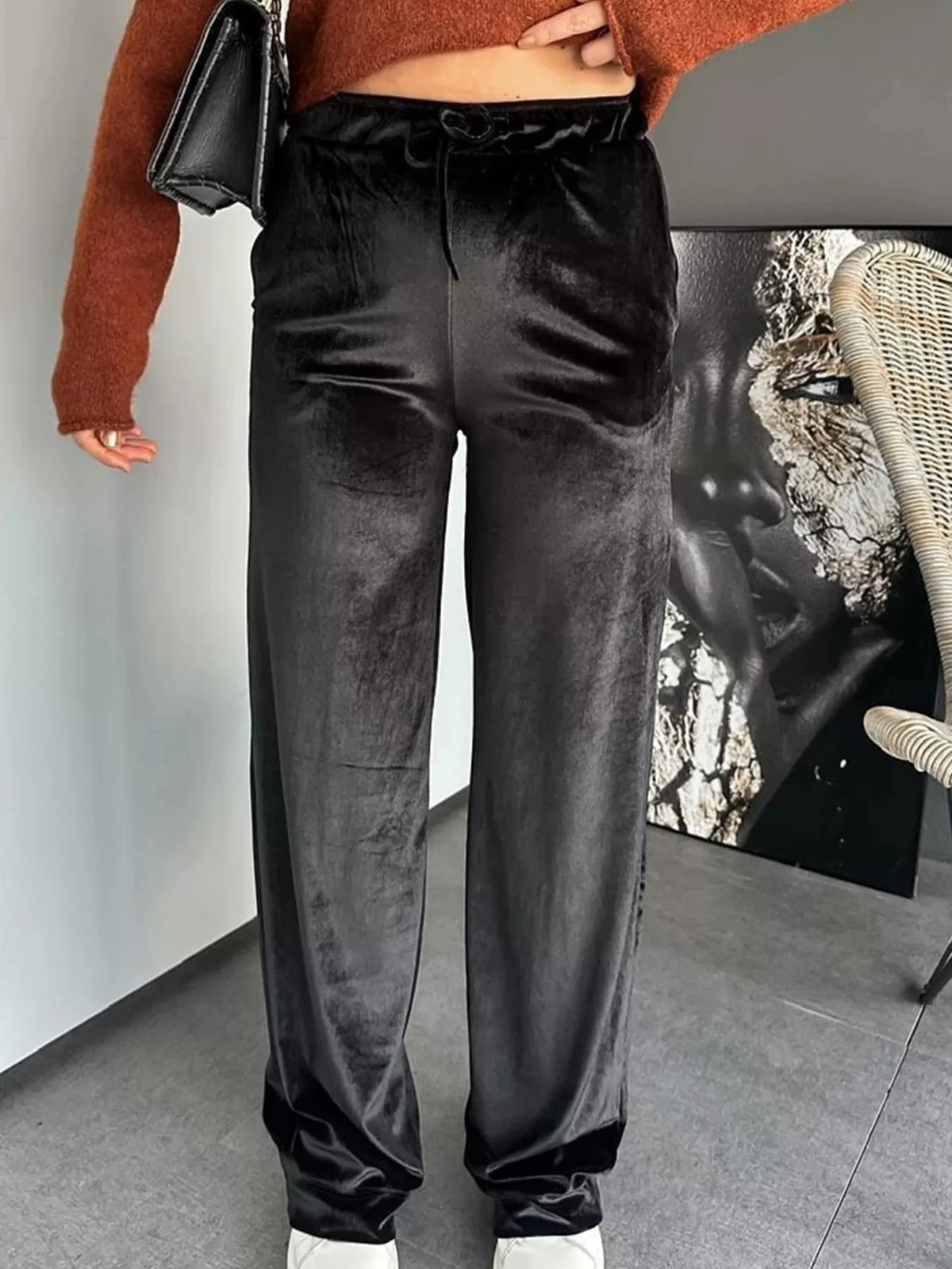 Velvet Wide Leg Pants in Black