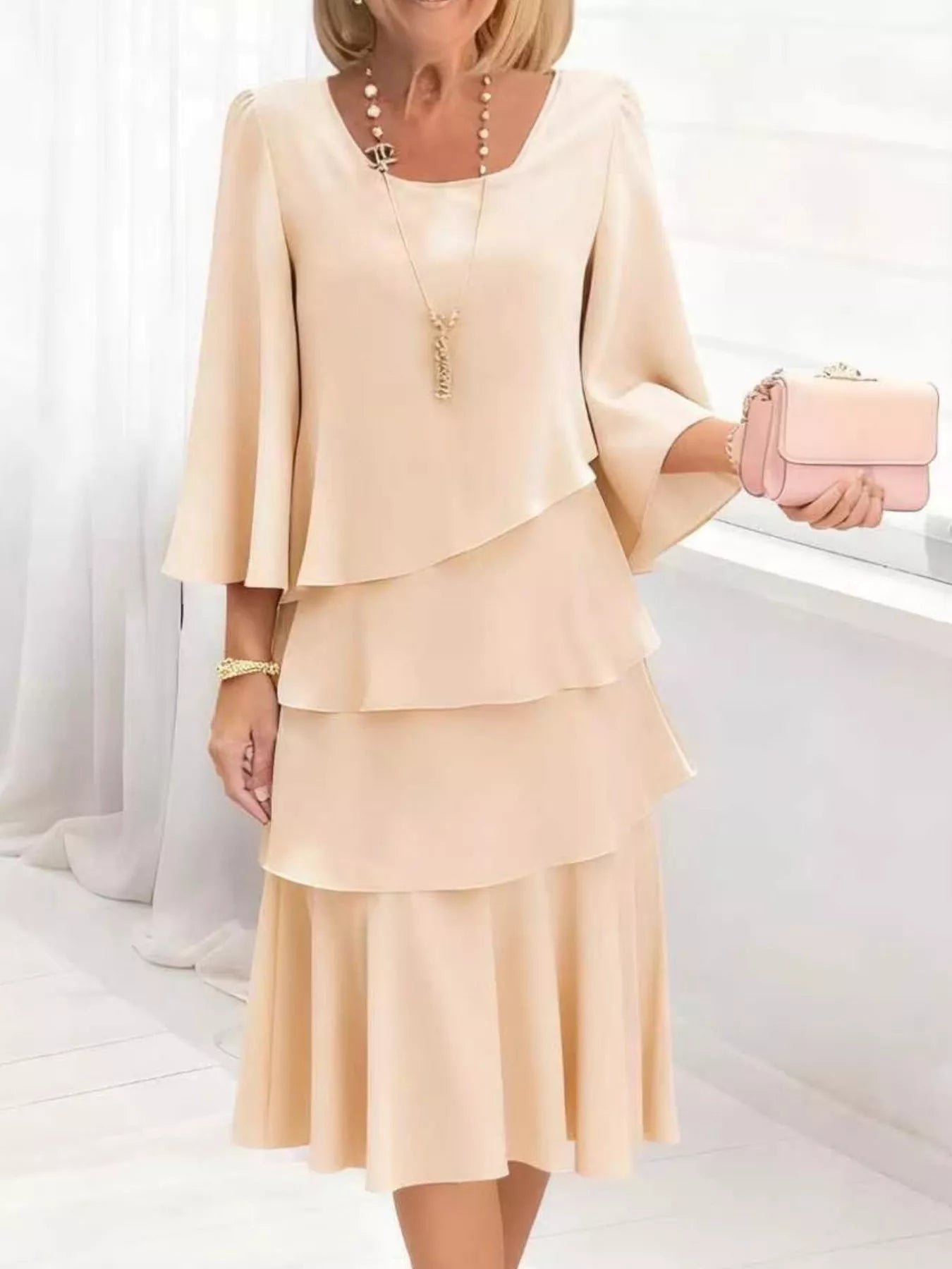 Ruffled Layered 3/4-Sleeve Dress, Plus Size