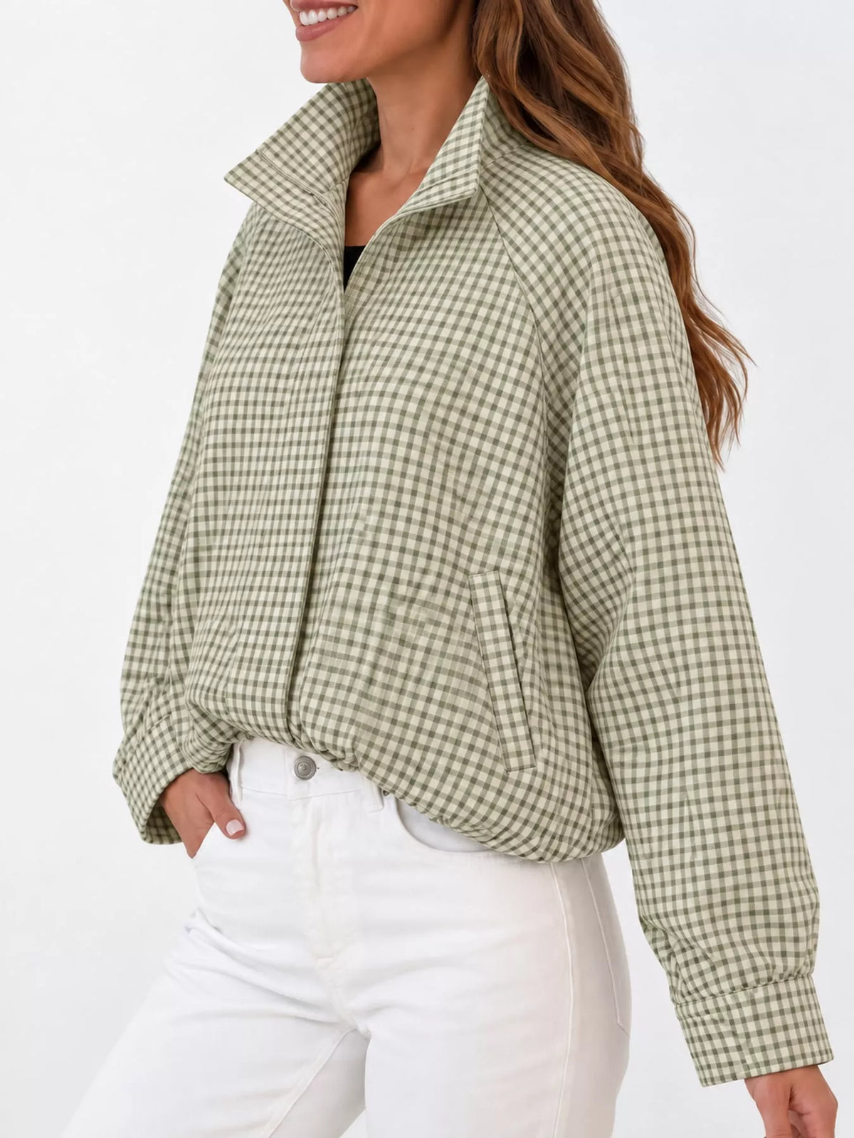 Plaid Stand-Collar Cropped Jacket