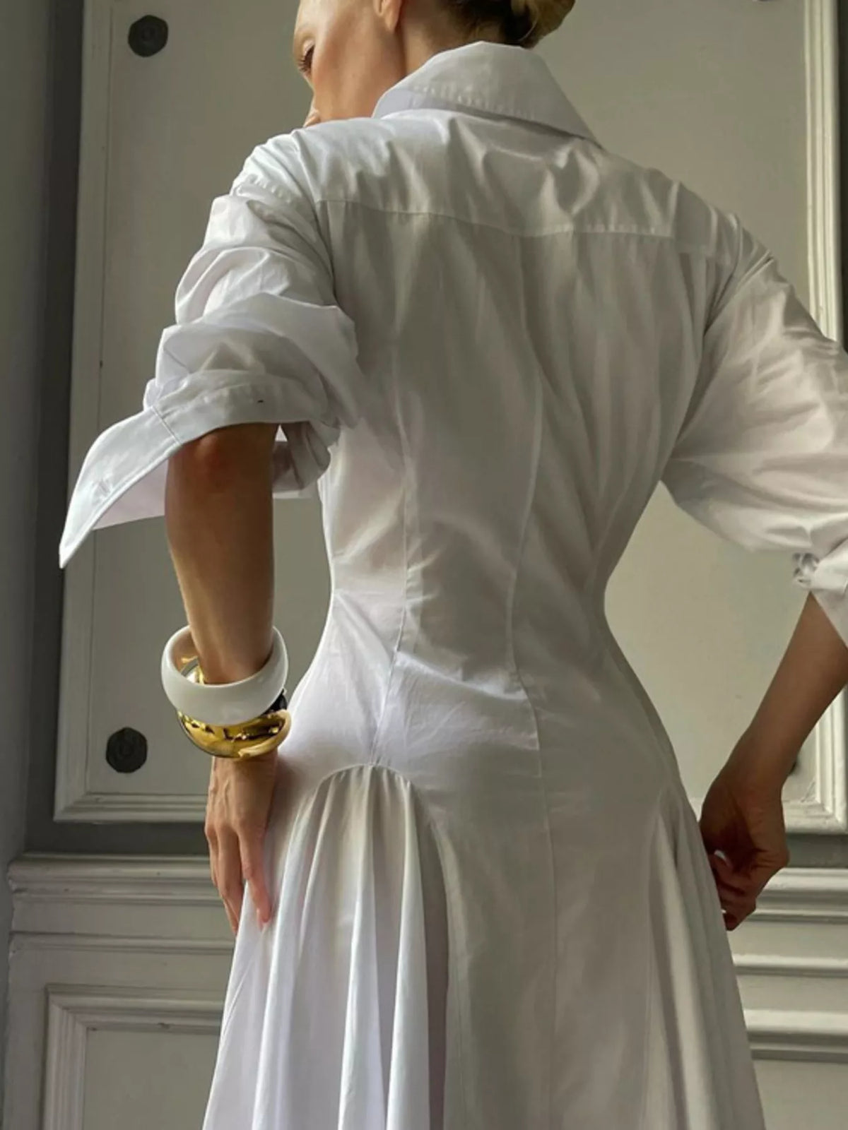 Button-Front Long Sleeve Maxi Shirt Dress in White