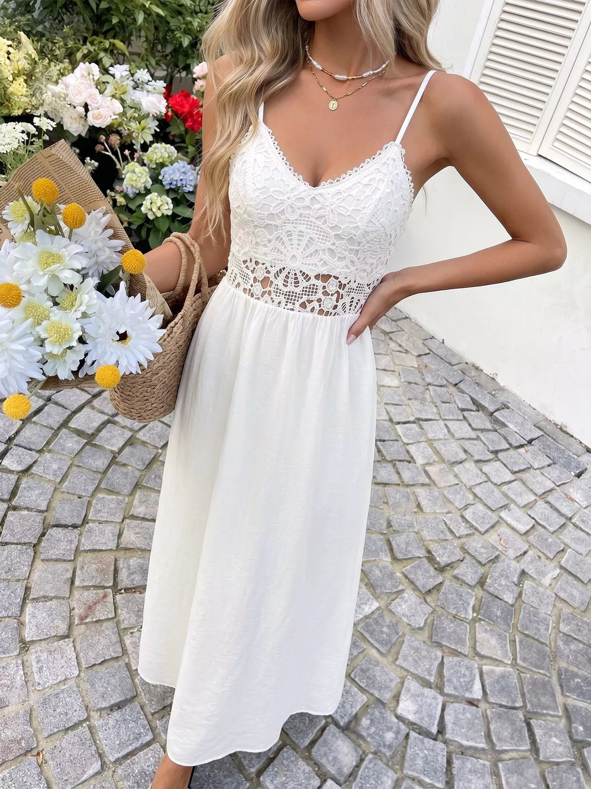 Lace V-Neck Flowy Maxi Dress in White