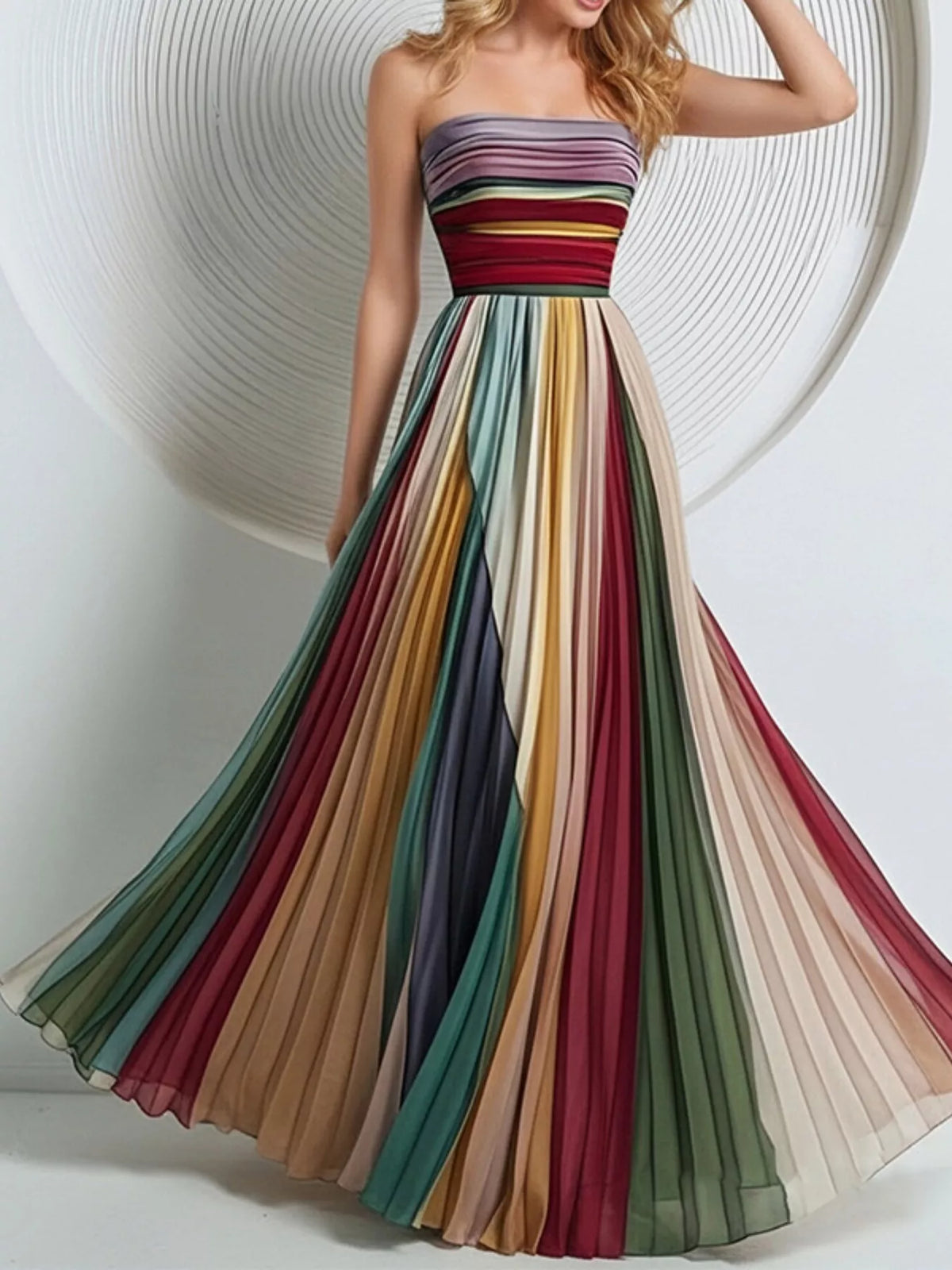 Striped Pleated Tube Maxi Dress in Multicolor