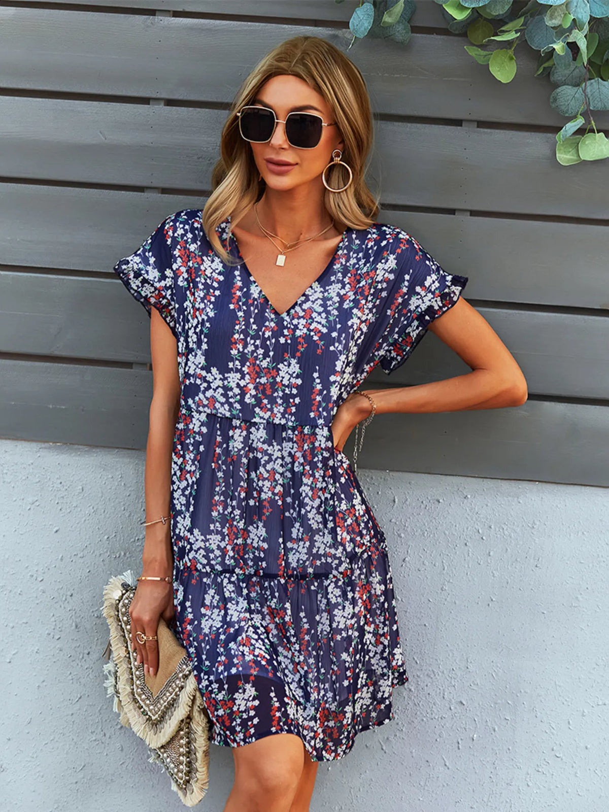 Floral V-Neck Tiered Ruffle Mini Dress by Elaine