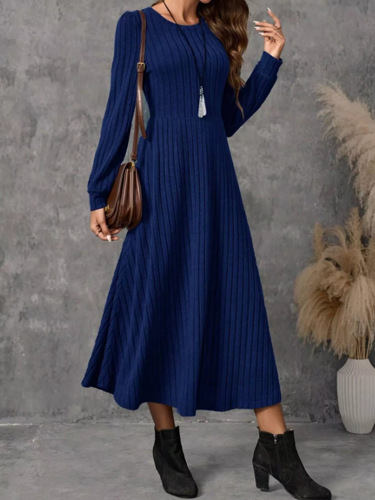 Ribbed Knit A-Line Midi Dress