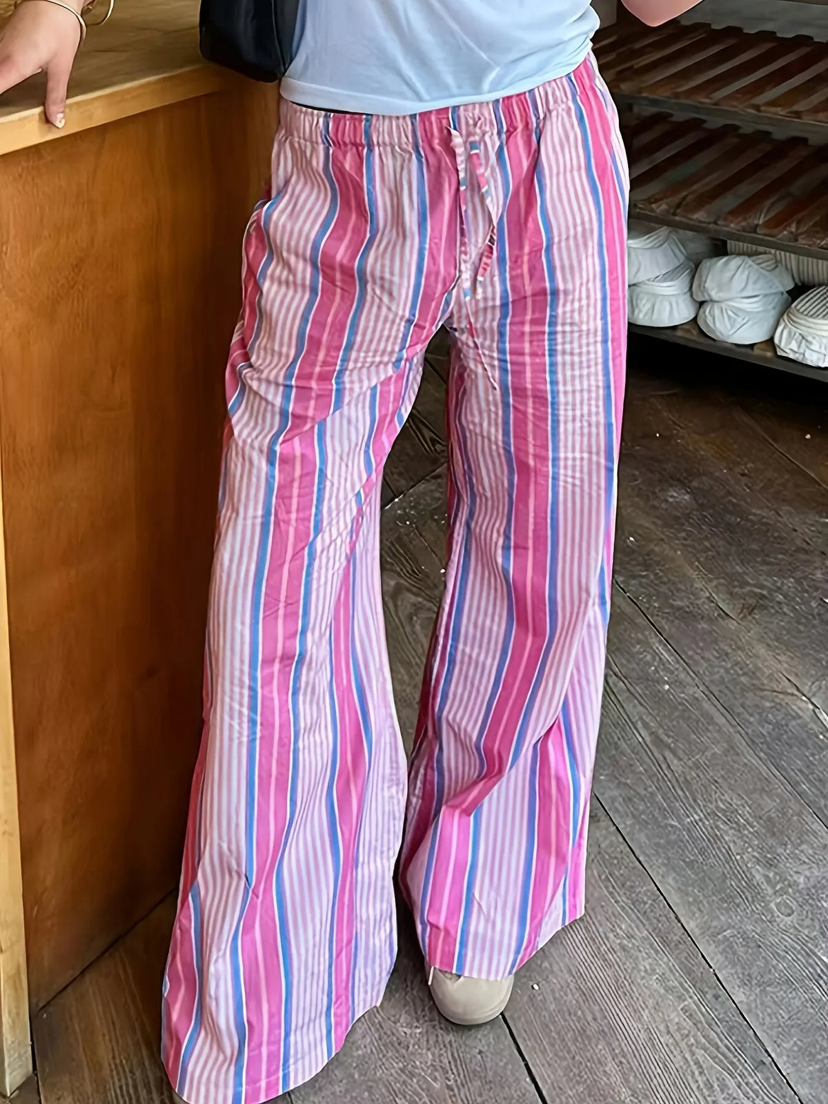 Striped Wide Leg Drawstring Pants in Fuchsia Pink