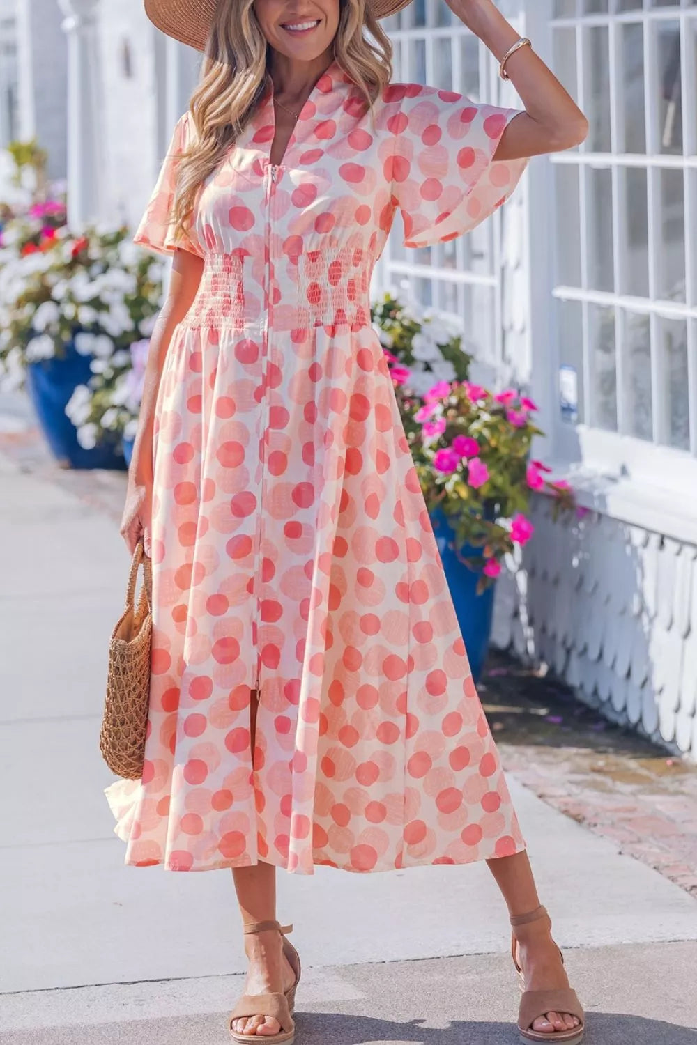 Polka Dot Puff Sleeve Midi Dress in Floral
