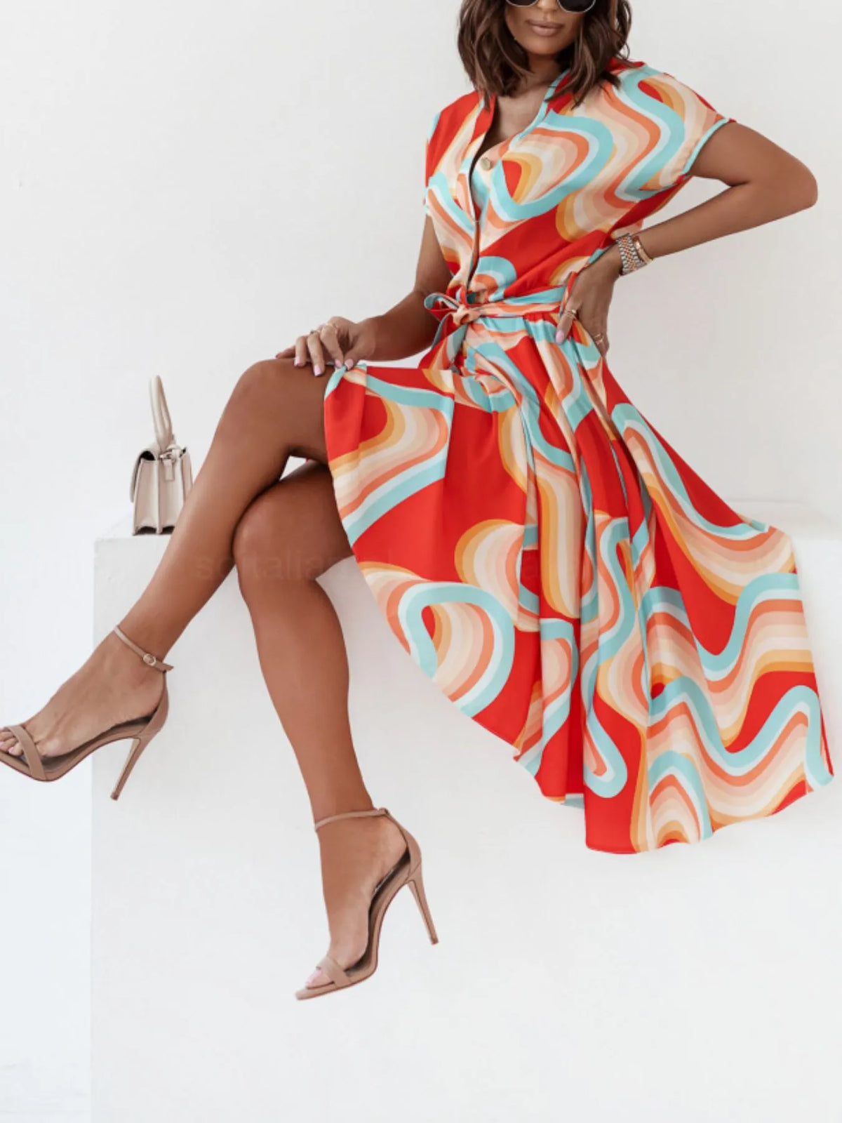 Printed Button-Front Midi Dress with Belt