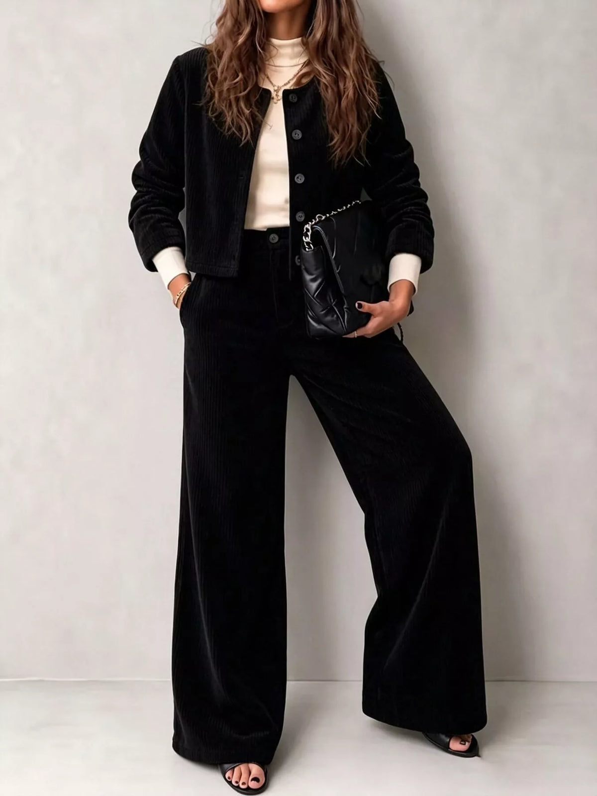 Corduroy Button-Down Jacket and Wide-Leg Pants Set