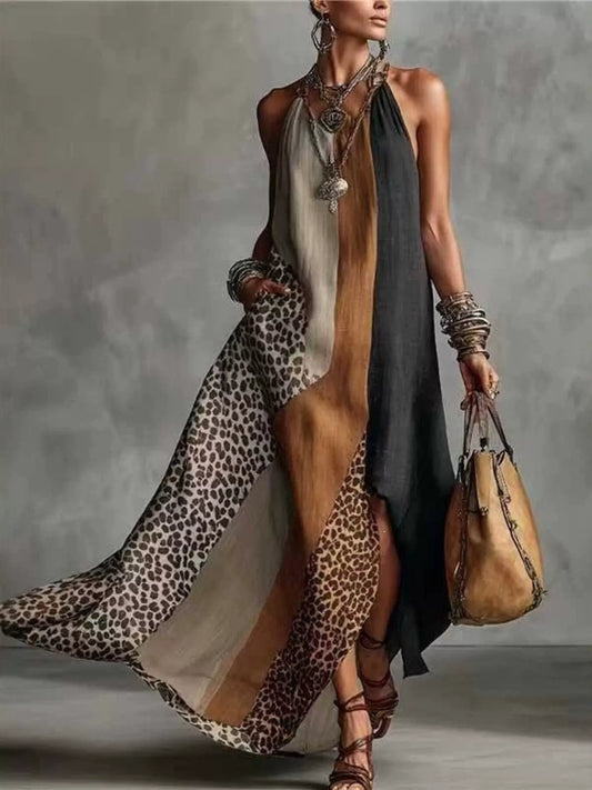 Color-Block Leopard Maxi Dress in Multicolor