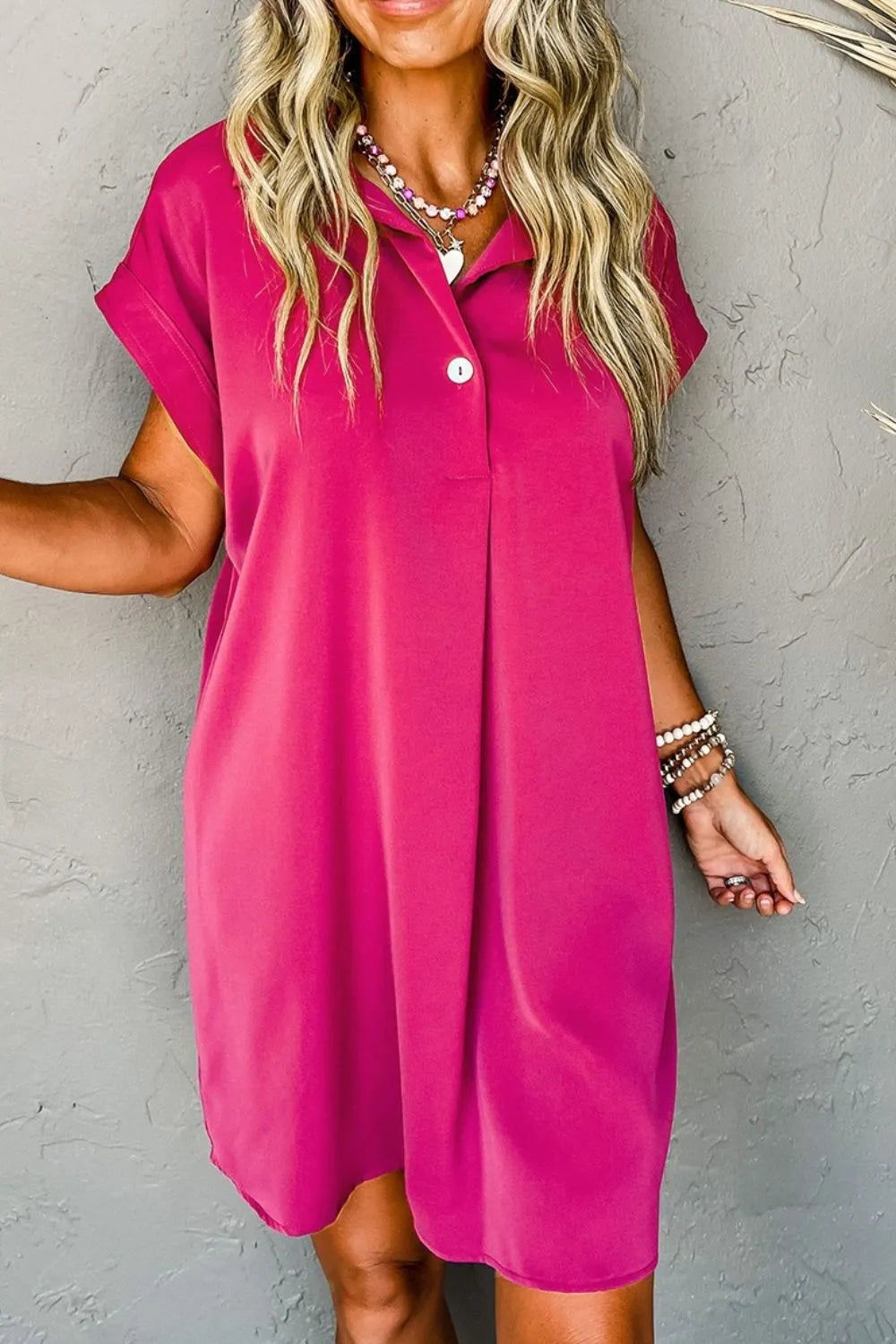 Buttoned Collar Mini Shirt Dress in Hot Pink