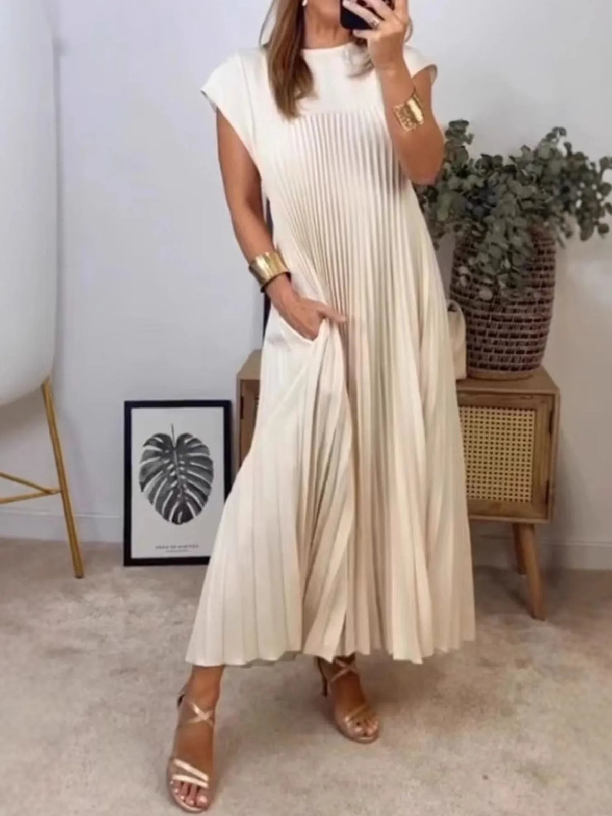 Pleated Round-Neck Maxi Dress with Pockets, Plus Size by Rosaline