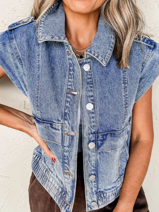 Button-Up Cap Sleeve Denim Jacket in Medium