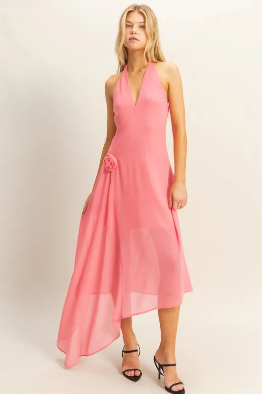 Hyfve Chiffon Halter Asymmetrical Hem Dress in Rose