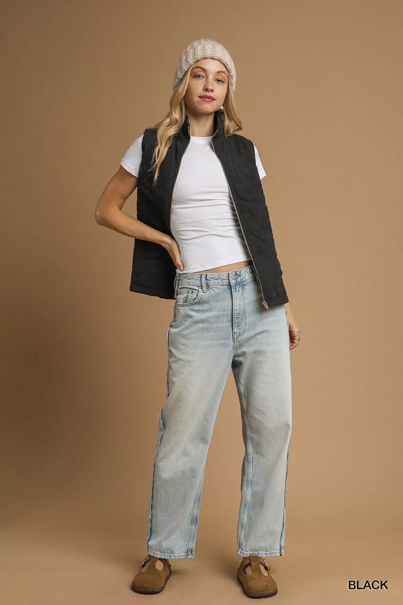 Umgee Quilted Floral Zip Vest in Black