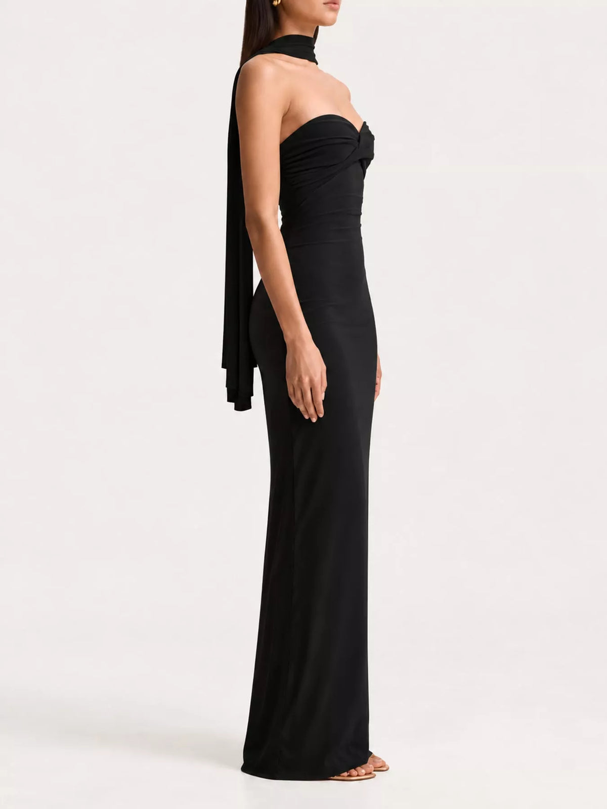 Strapless Ruched Bodycon Maxi Dress with Scarf