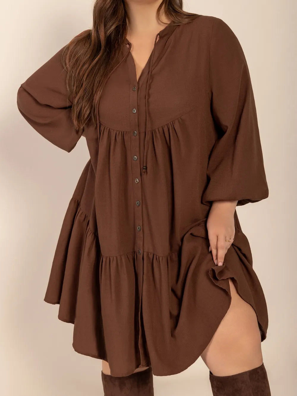 Plus Size Tie-Neck Tiered Dress in Brown