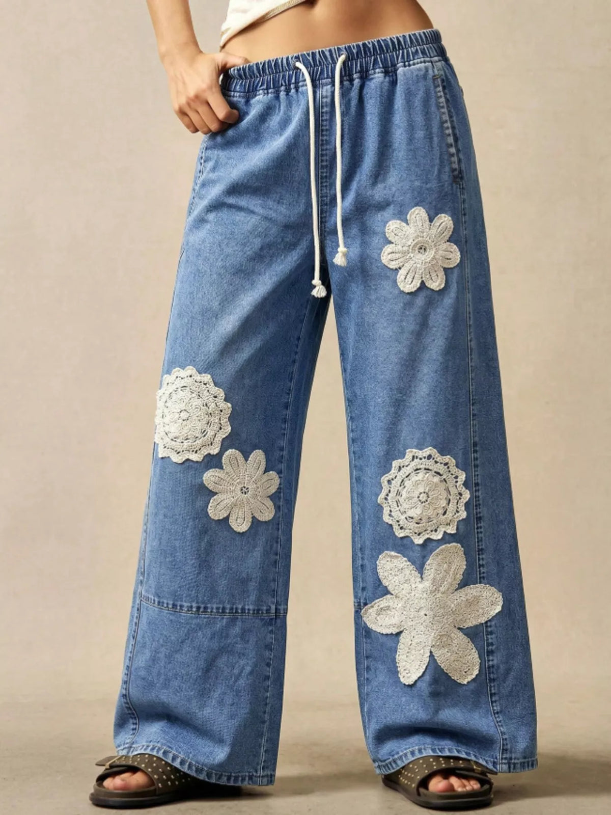 Wide-Leg Drawstring Jeans