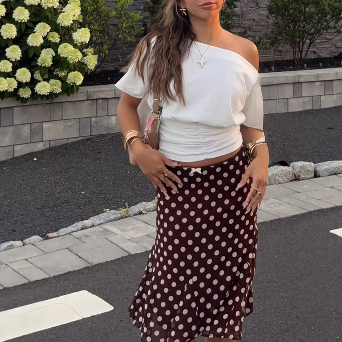 Polka Dot Bow Midi Skirt in Dark Brown