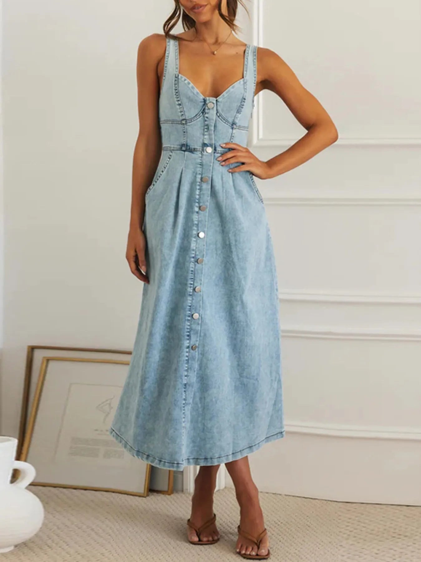Sweetheart Neck Button-Front Midi Denim Dress in Blue