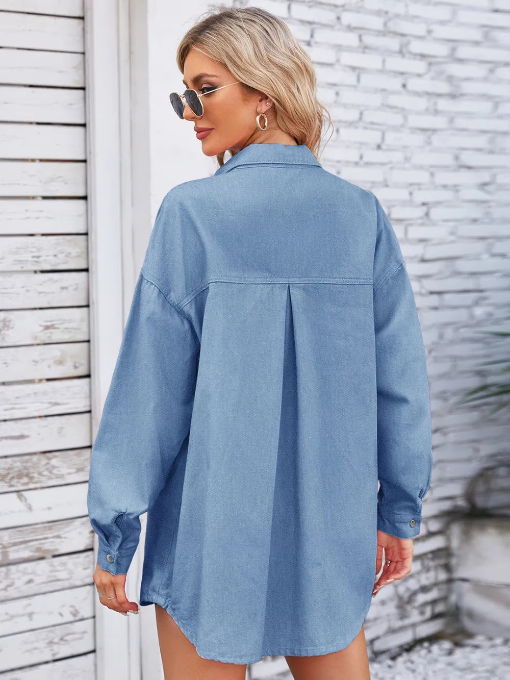 Pocketed Dropped Shoulder Denim Shacket by Manny