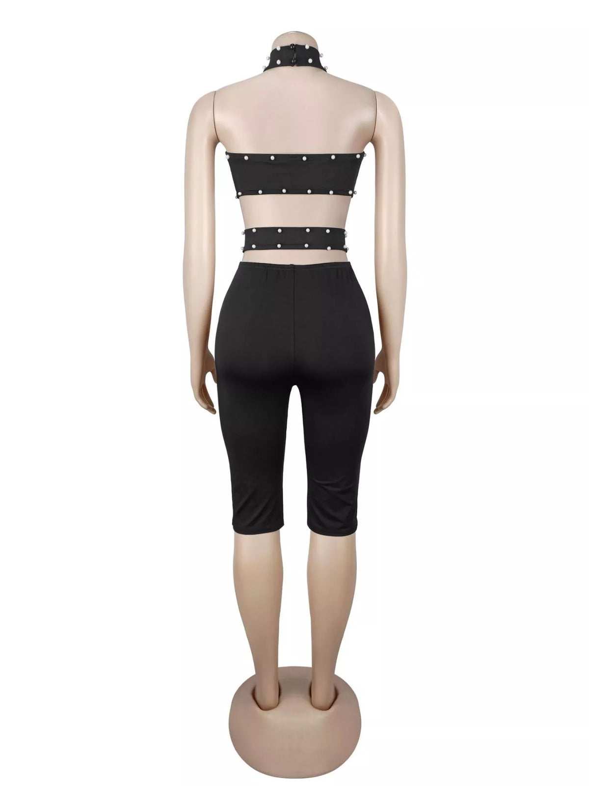 Studded Halter Cut-Out Romper in Black