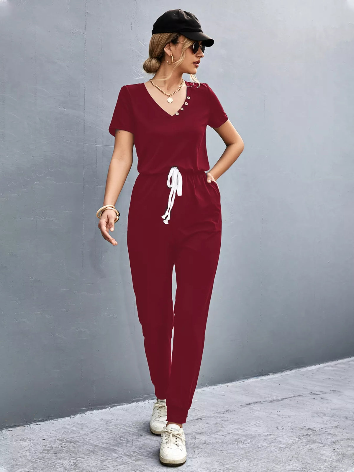 V-Neck Drawstring Waist Jumpsuit in Burgundy