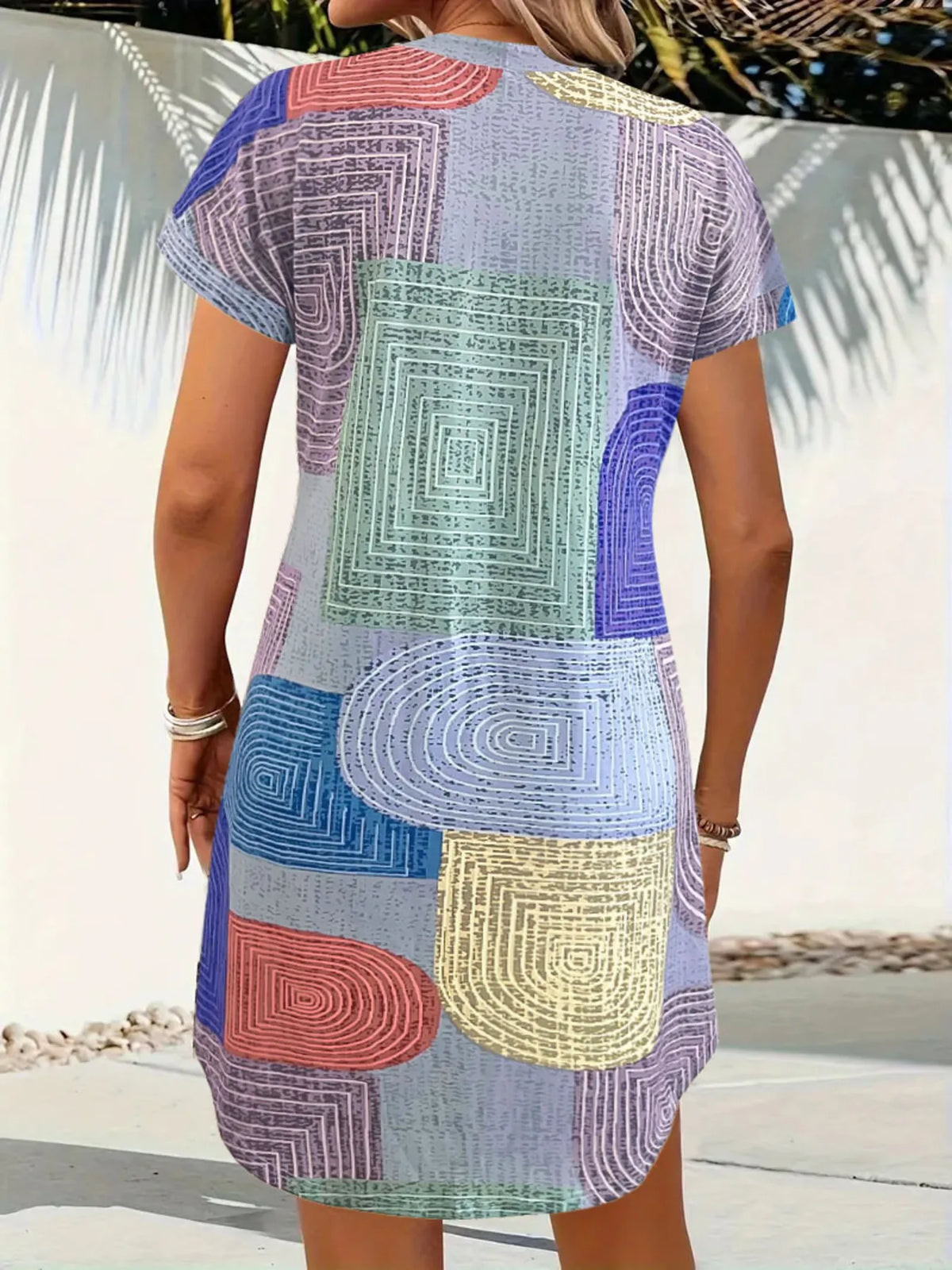 Geometric V-Neck Button-Front Dress