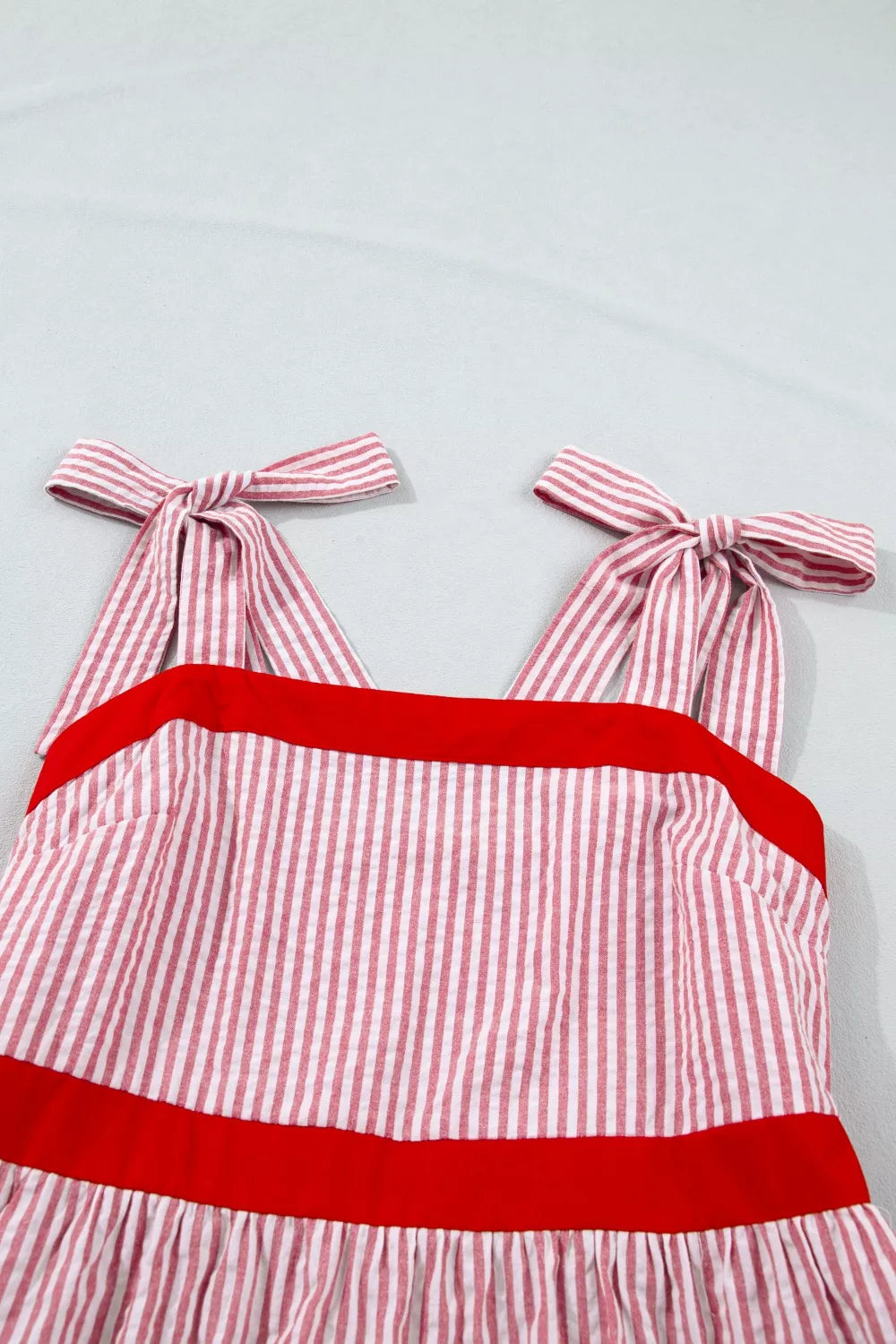 Striped Bow-Strap Ruffle Hem Maxi Dress in Dusty Pink