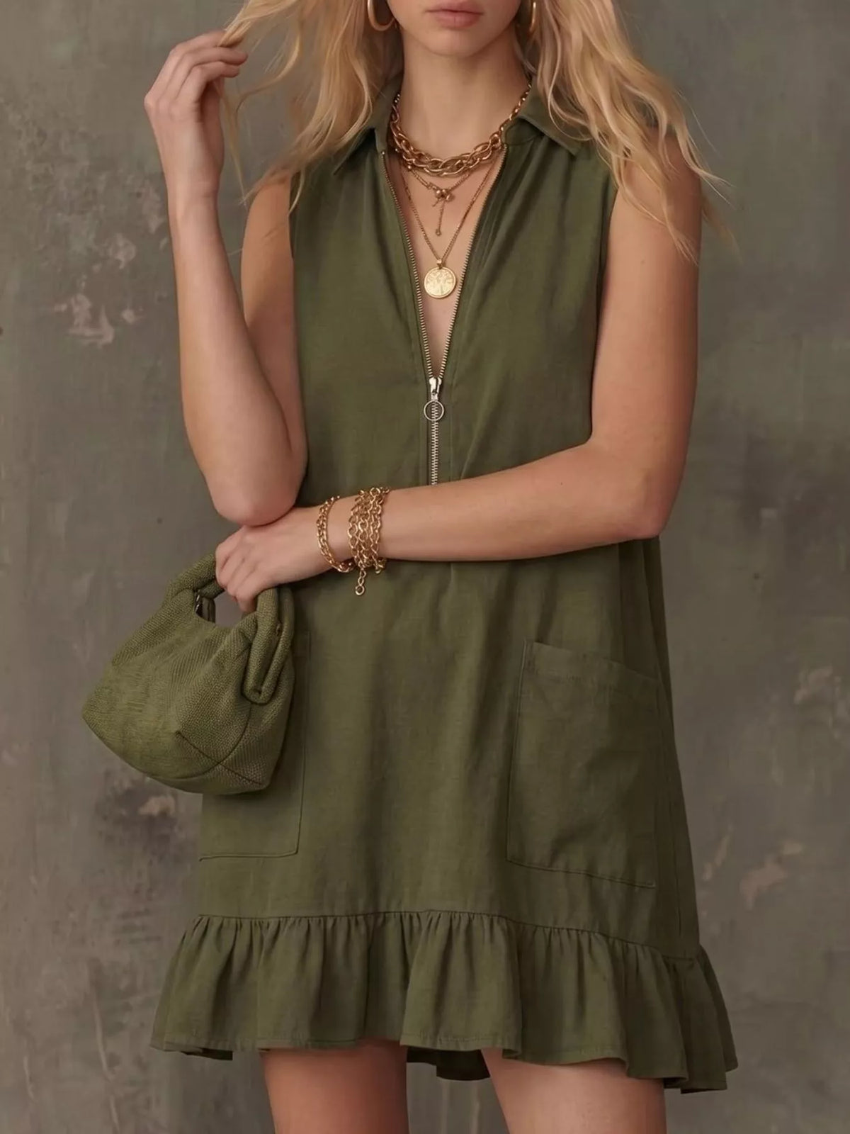 Collared Zip-Front Ruffle Hem Dress