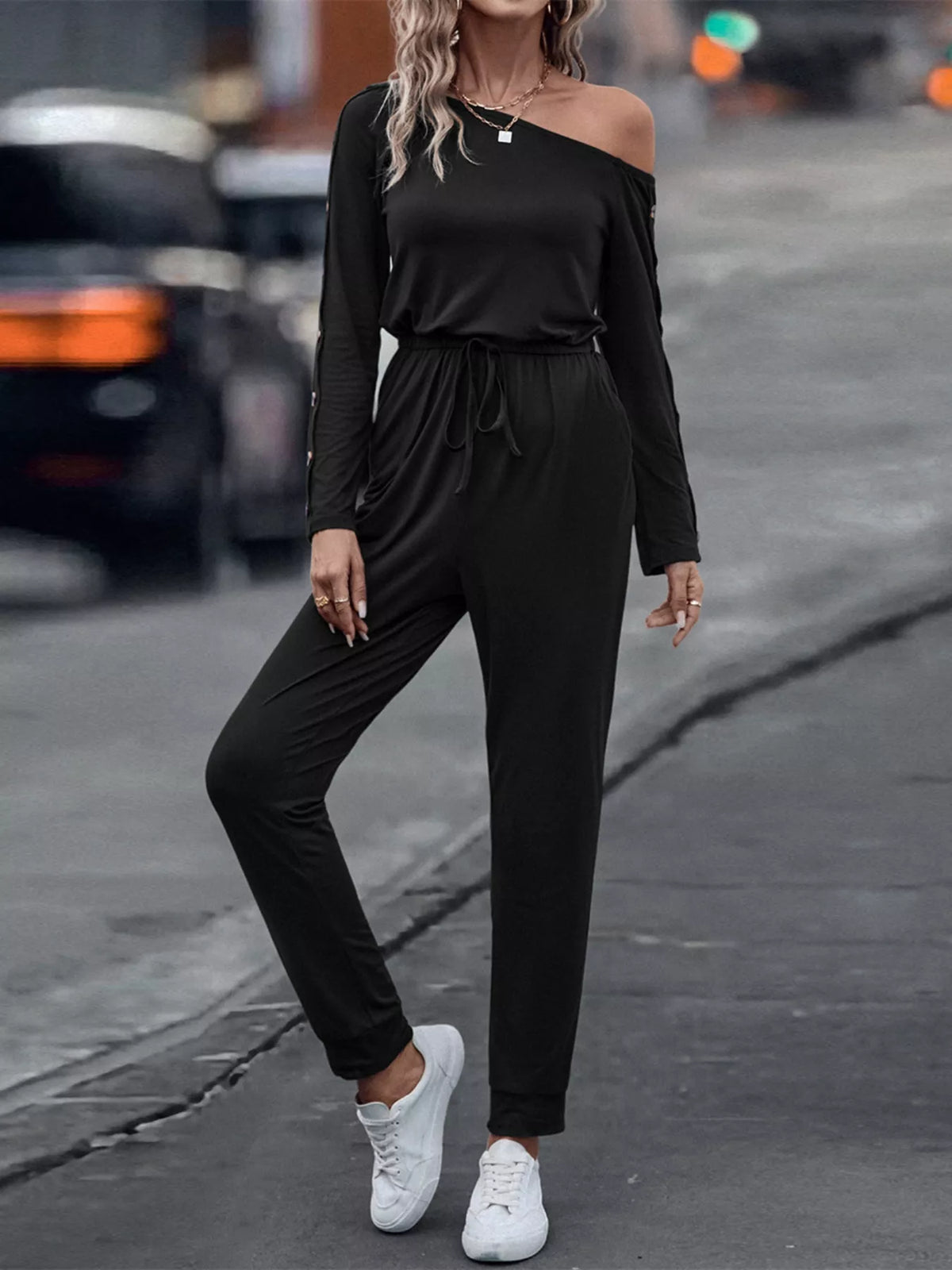 One-Shoulder Long Sleeve Jumpsuit in Black