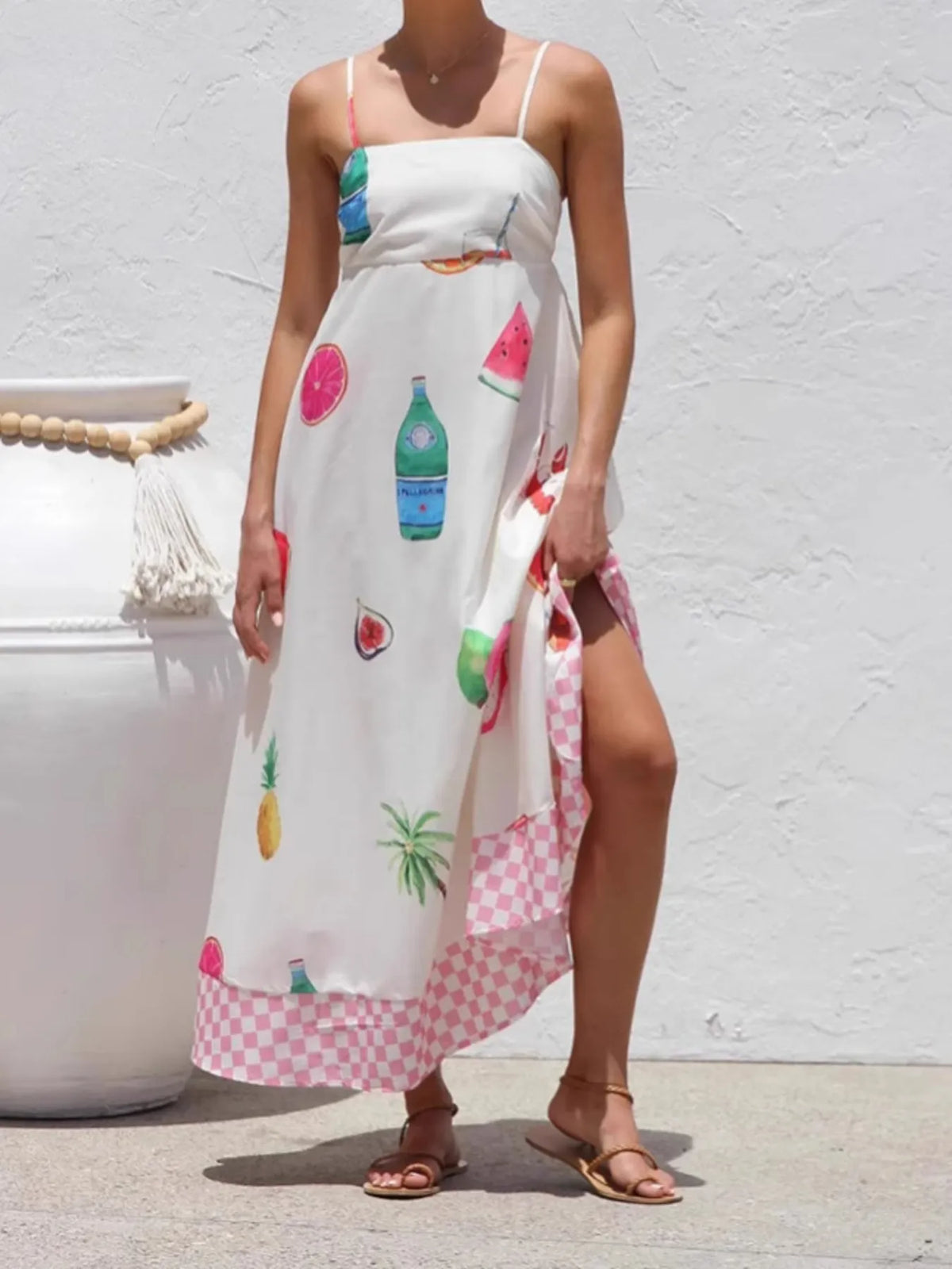 Fruit Print Checkered Hem Cami Midi Dress