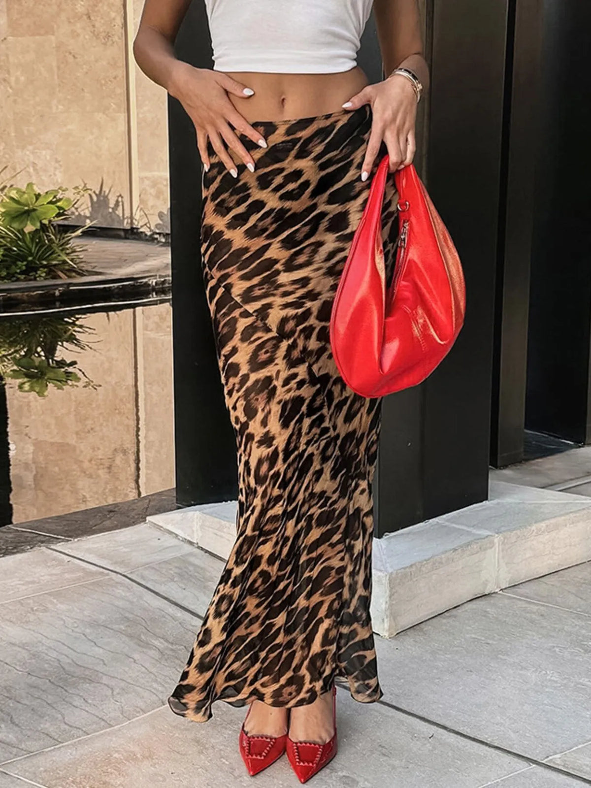 High Waist Flare Maxi Skirt in Leopard Print