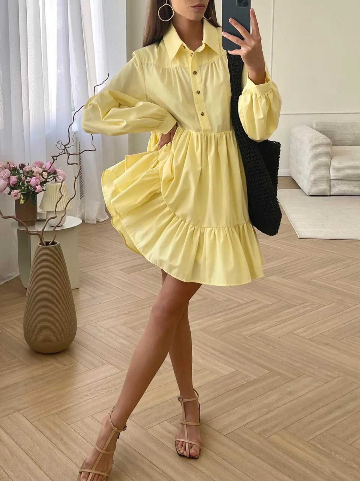 Tiered Ruffle Long Sleeve Shirt Dress