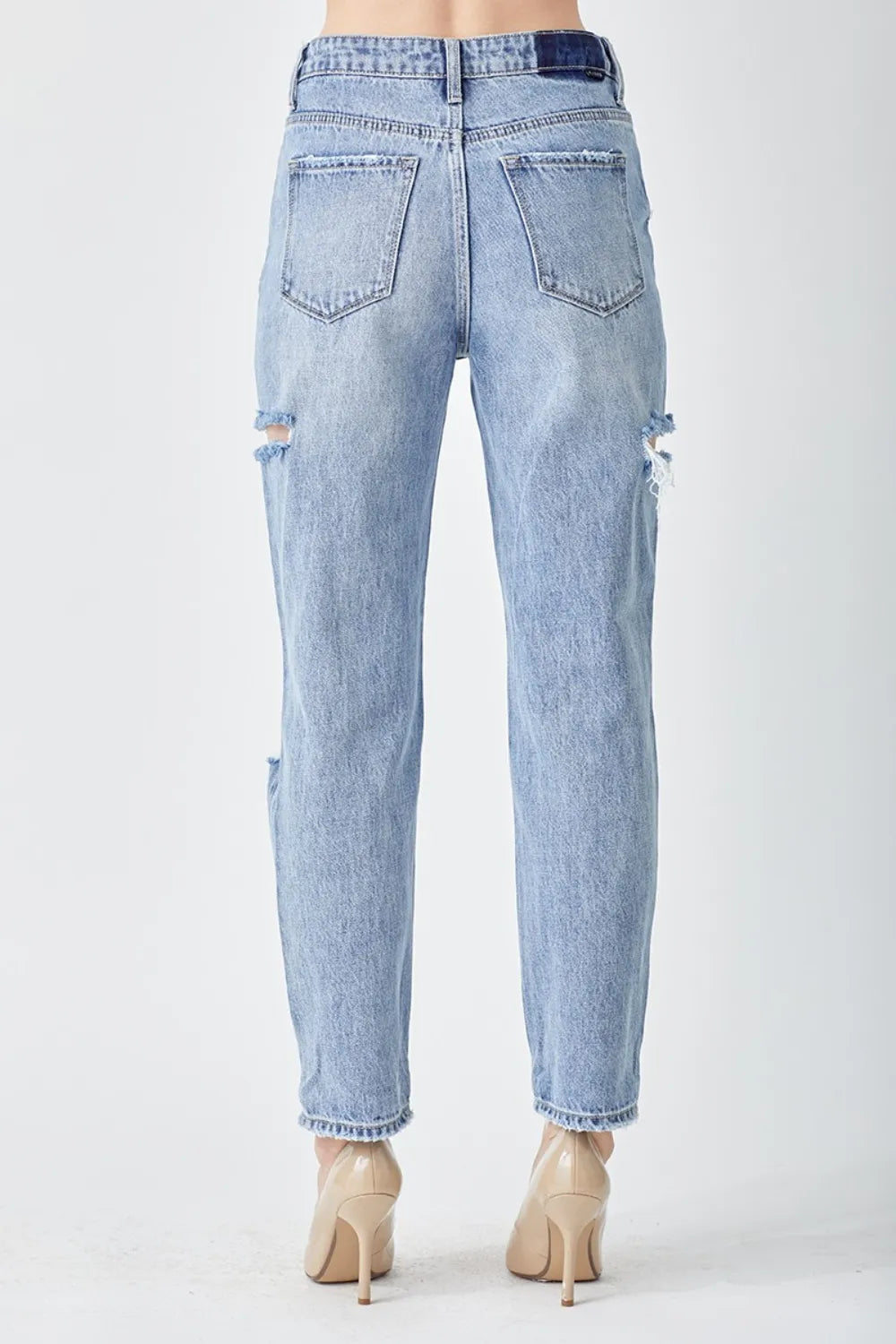 Risen Washed Distressed Slim Cropped Jeans in Medium