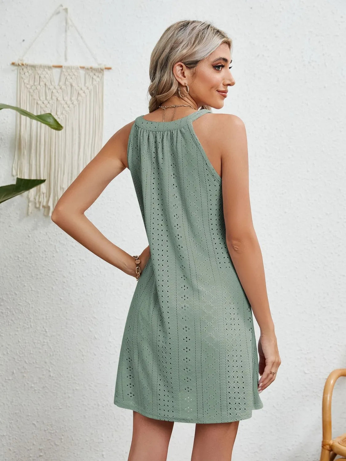 Eyelet Round Neck Sleeveless Dress
