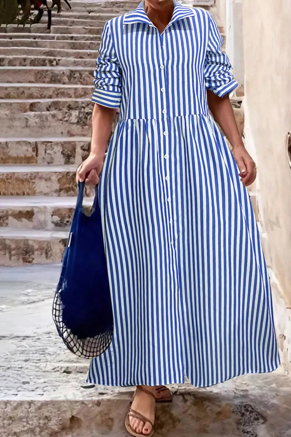 Striped Long Sleeve Shirt Dress in Light Blue