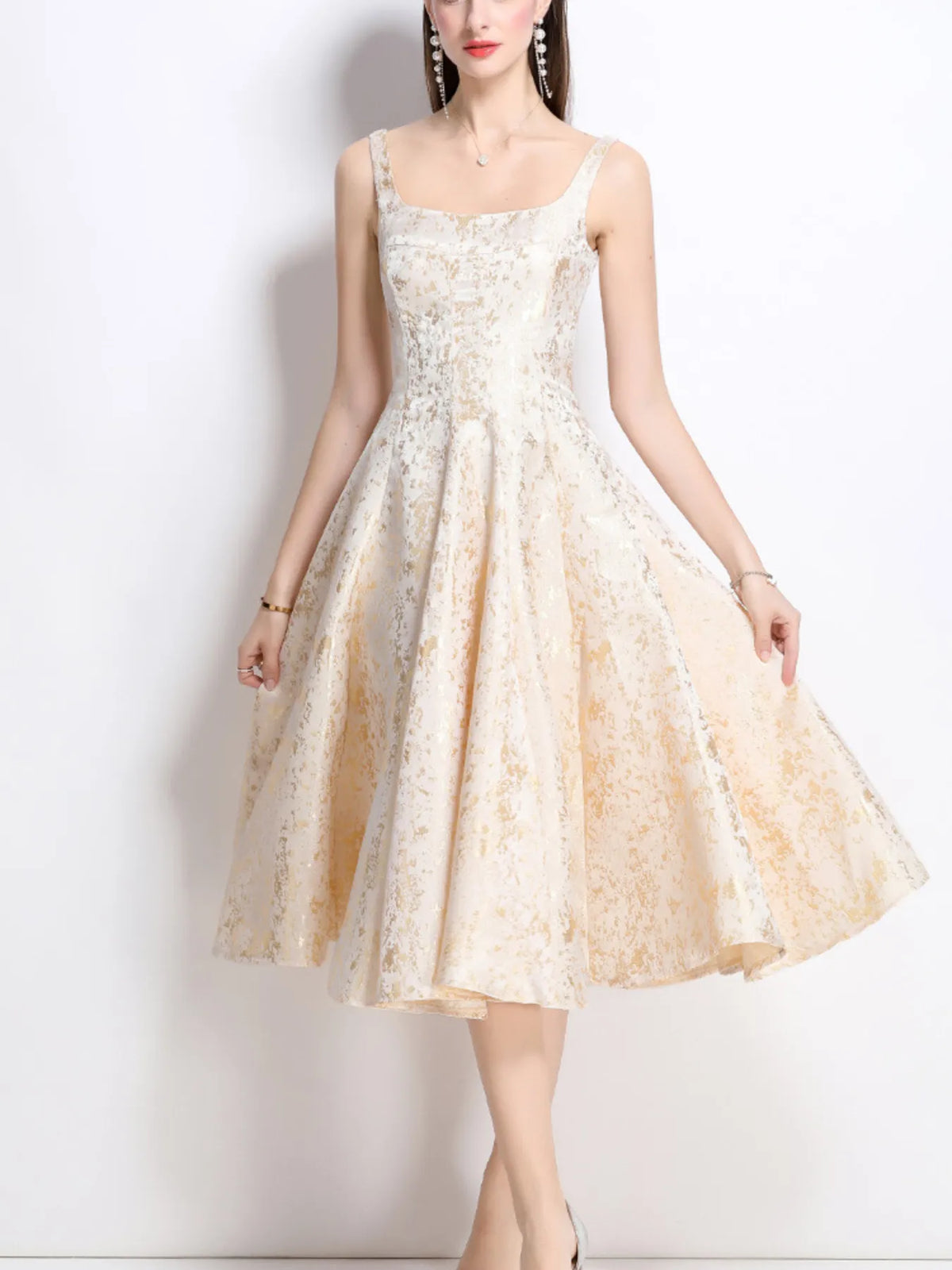 A-Line Floral Midi Dress in Apricot