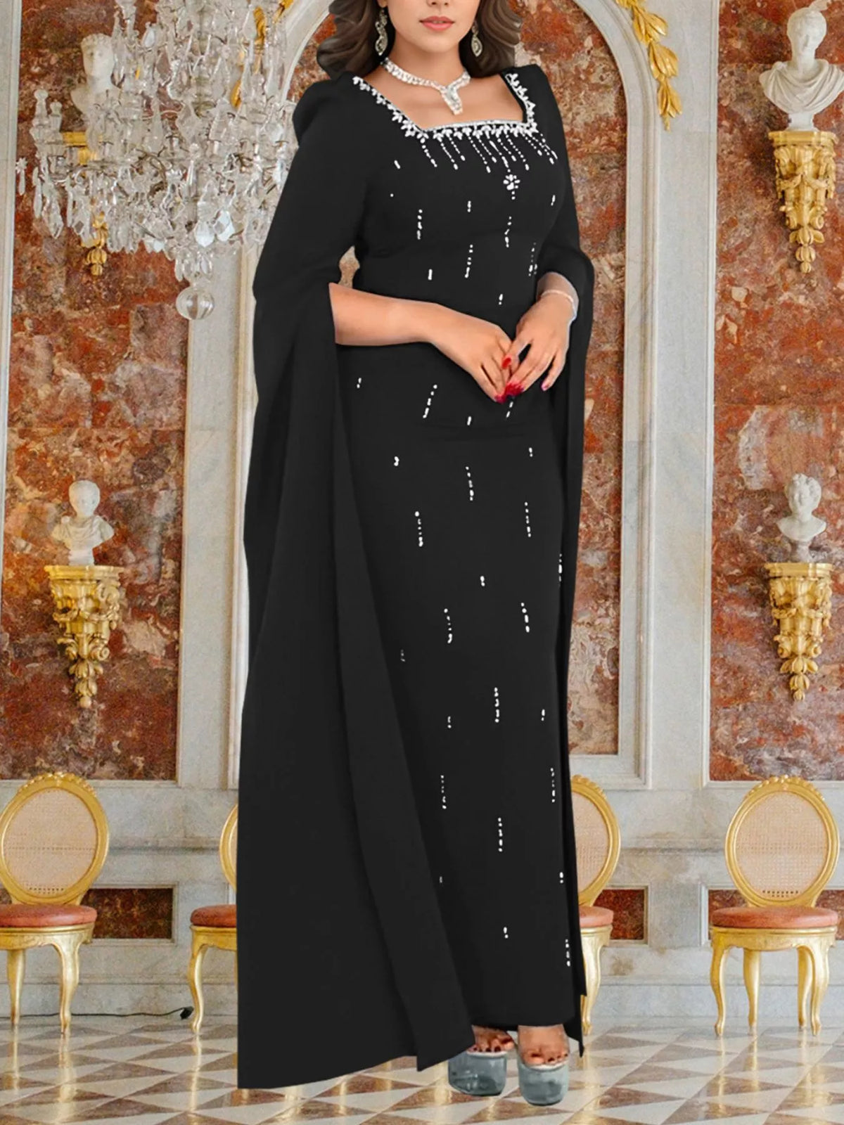 Rhinestone Square Neck Maxi Dress