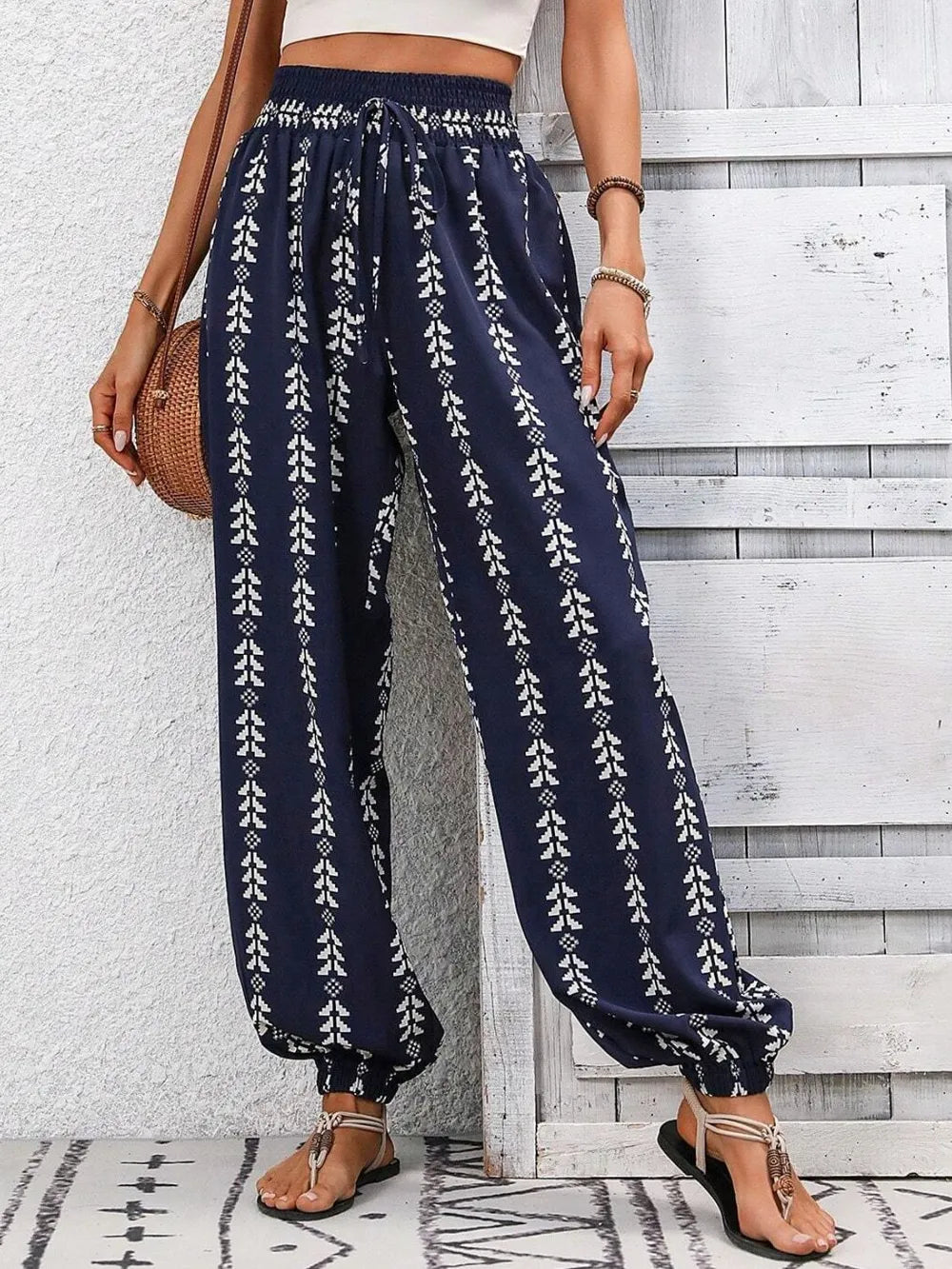 Tied Printed High-Waist Pants