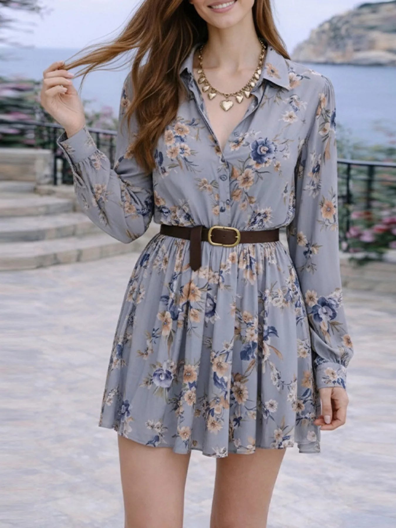 Floral Print Long Sleeve Shirt Dress