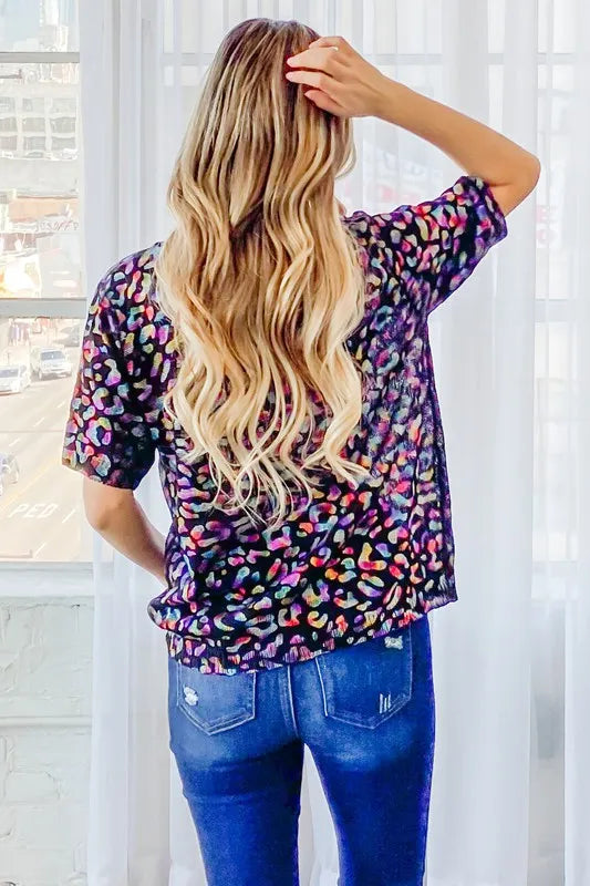 And The Why Leopard Foil Half Sleeve Sweater in Hologram
