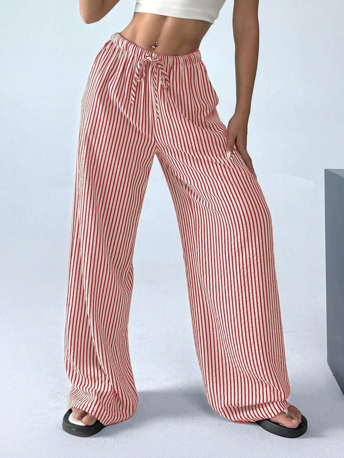 Plus-Size Striped Drawstring Wide-Leg Pants