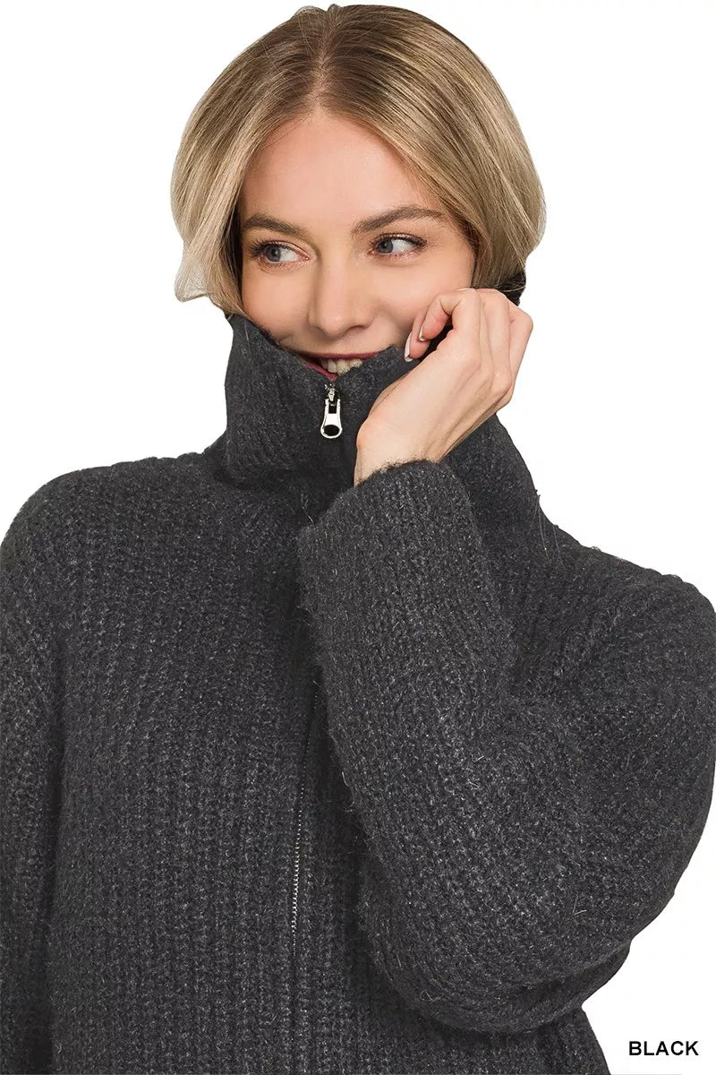 Zenana High Neck Full-Zip Cardigan in Black