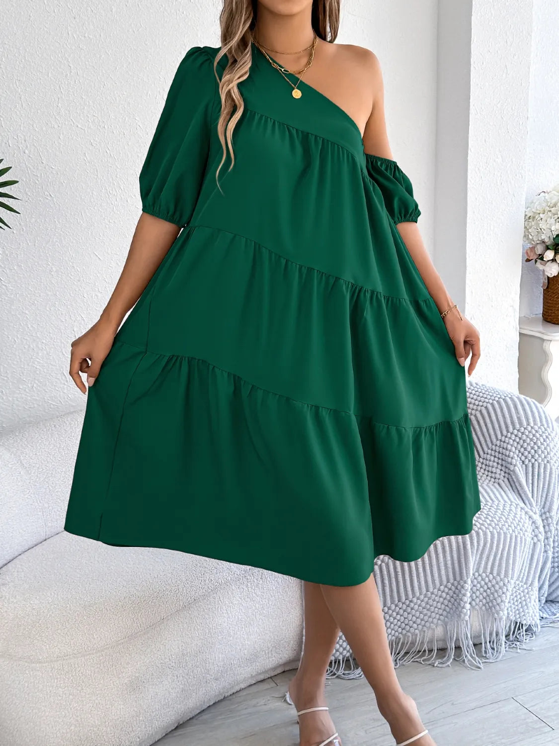 Asymmetrical Single-Shoulder Tiered Dress