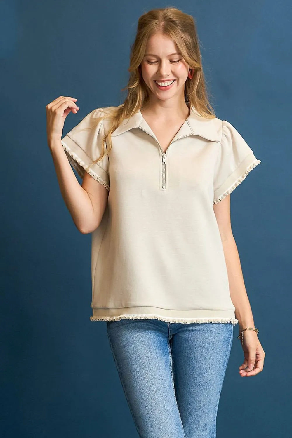Umgee Frill Hem Half-Zip Collared Blouse in Cream